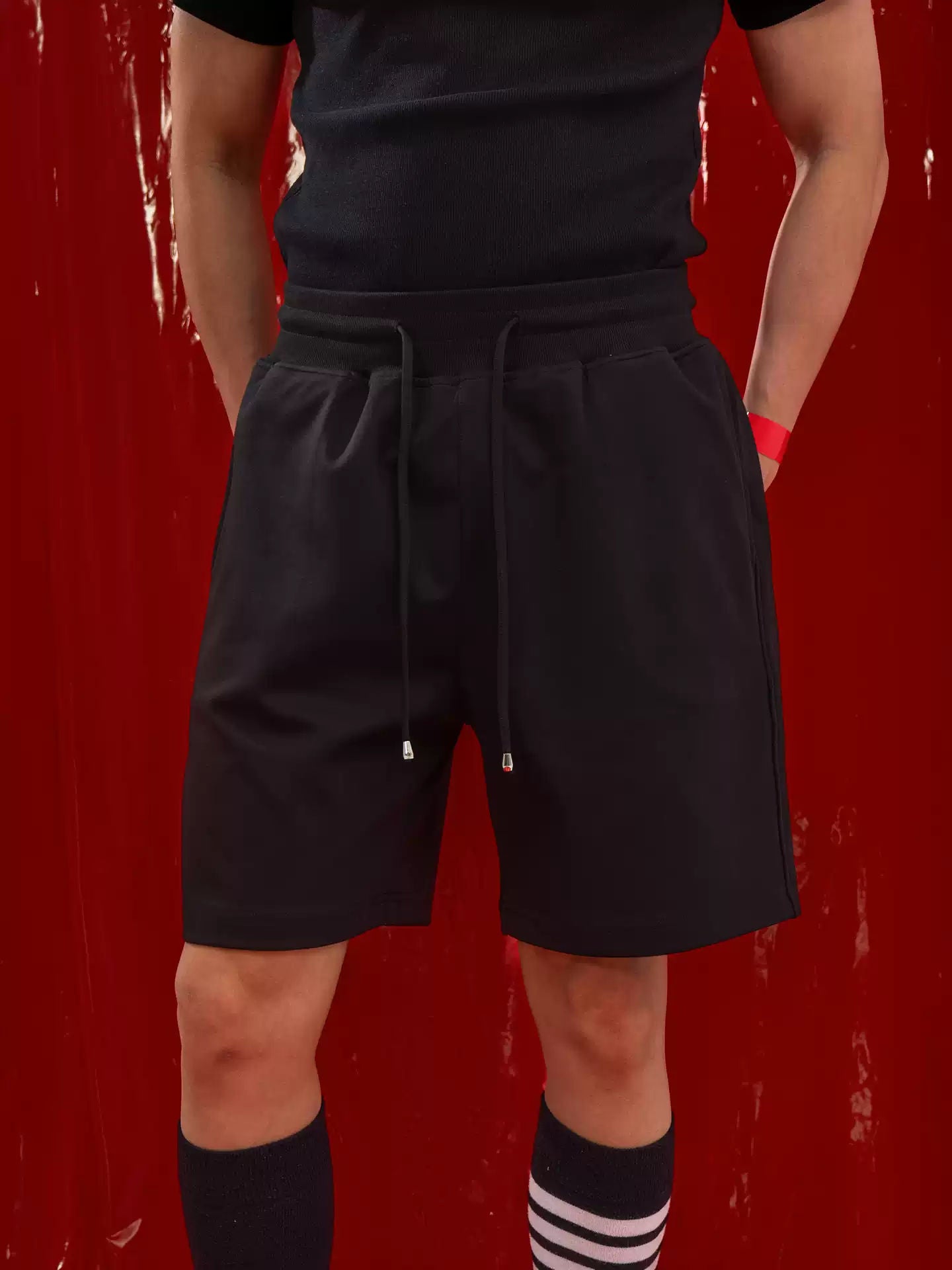 CLP Black White Drawstring Elastic Waist Sports Shorts Men's Loose Straight Stretchy Fitness Summer