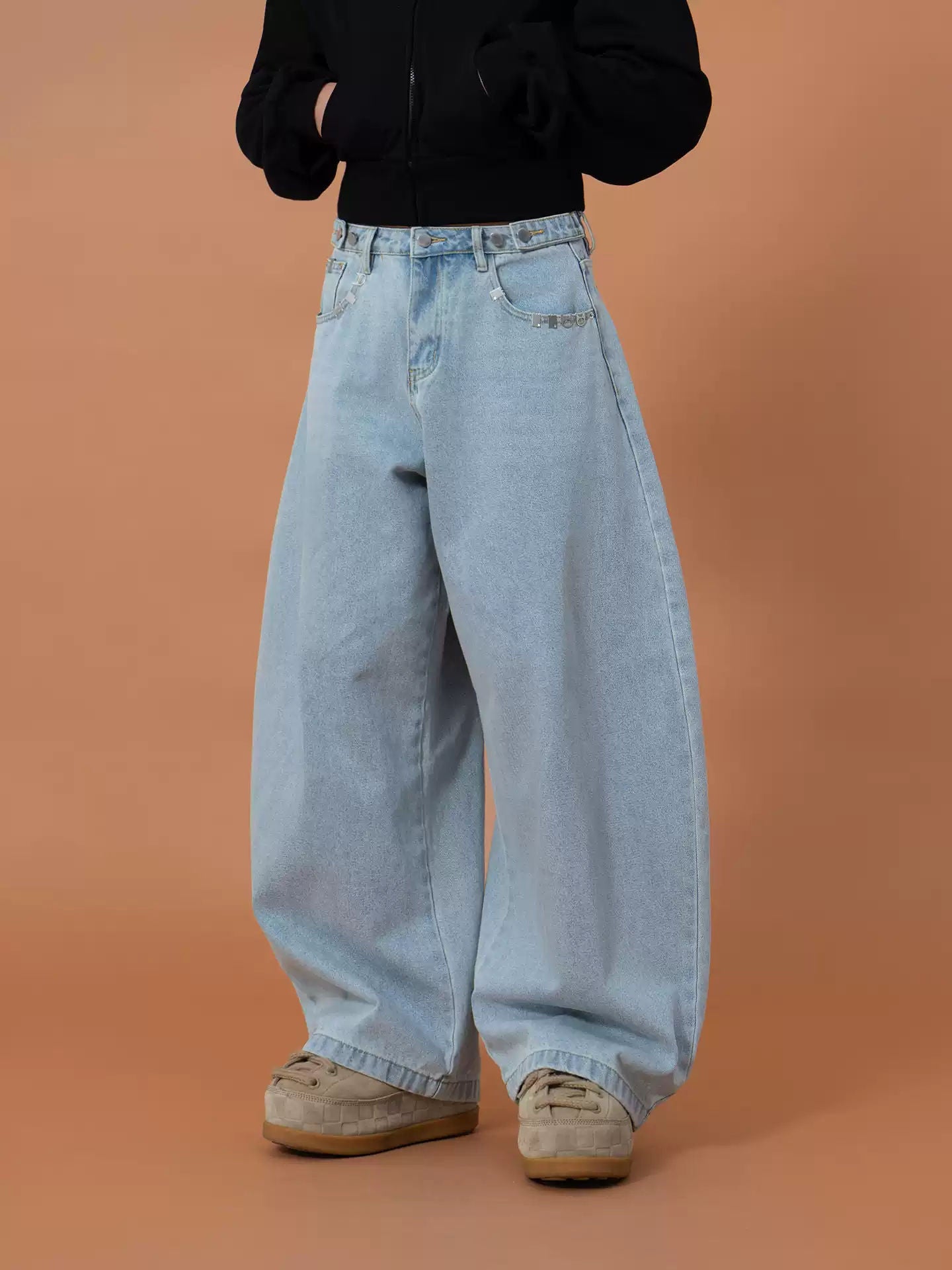 CLP Light Blue Metal Decoration Pocket Curved Knife Jeans Men's Loose Wide Leg Casual Retro