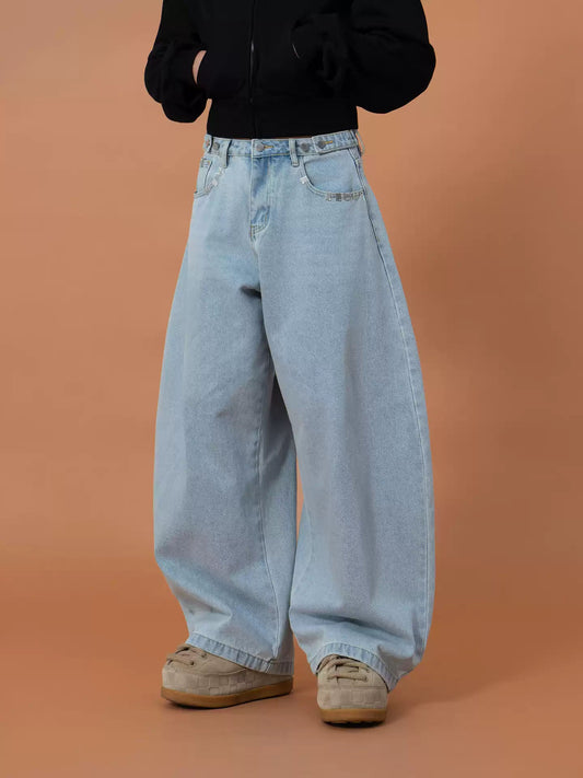 CLP Light Blue Metal Decoration Pocket Curved Knife Jeans Men's Loose Wide Leg Casual Retro
