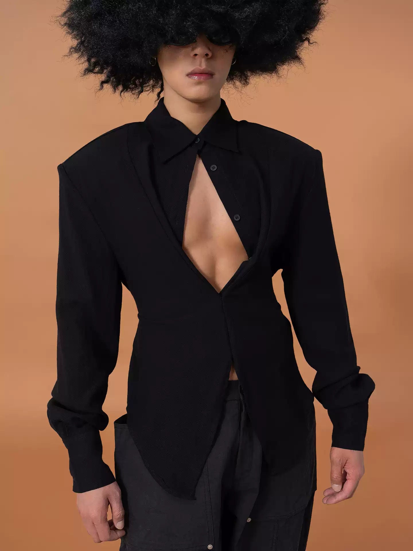 Black 3D Cut Deep V Waist Slim Long Sleeve Shirt