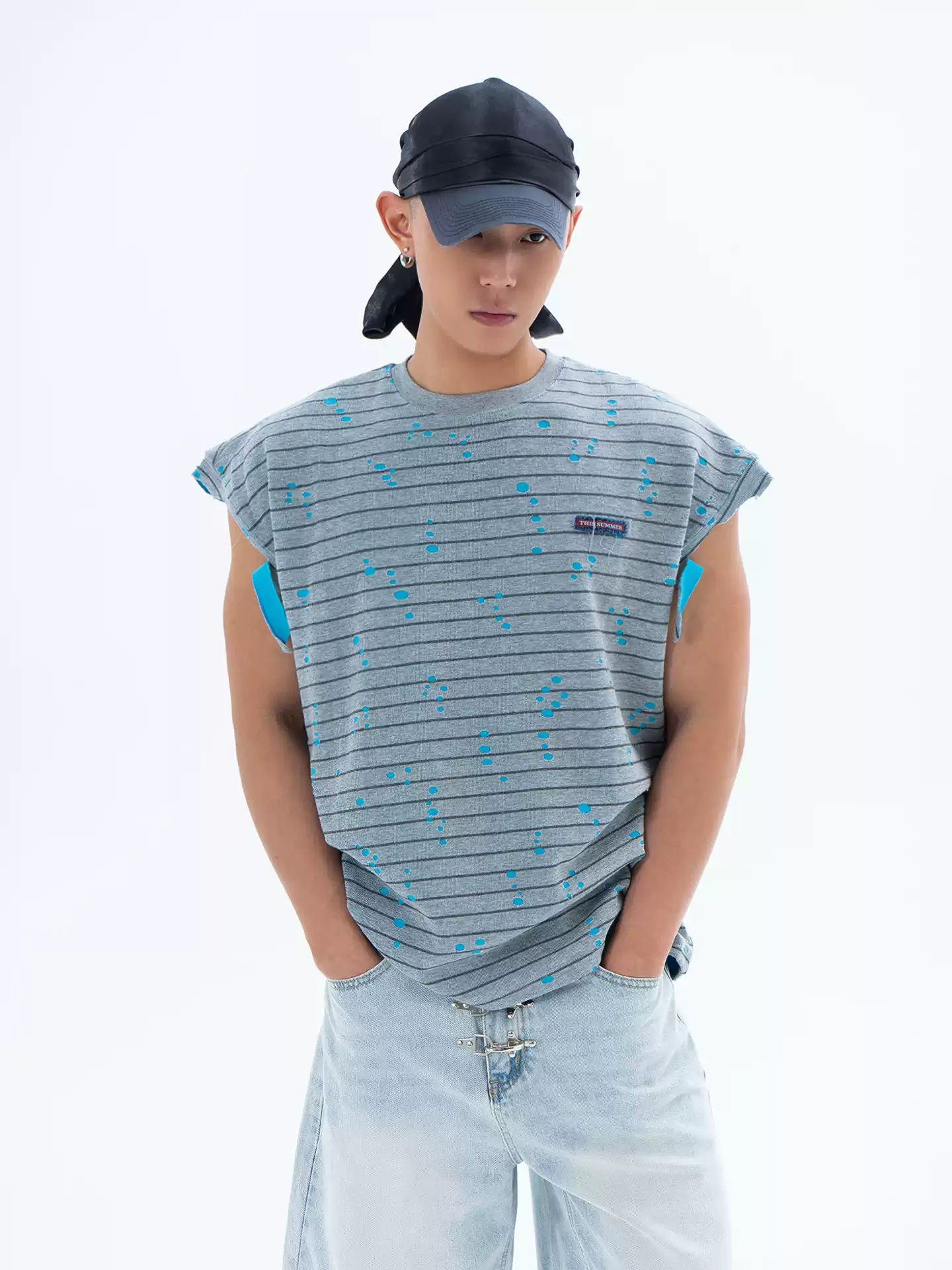 Gray Wide Shoulder Striped Ripped Tank Top Men's Loose Splash Ink Sleeveless Sport Casual Retro