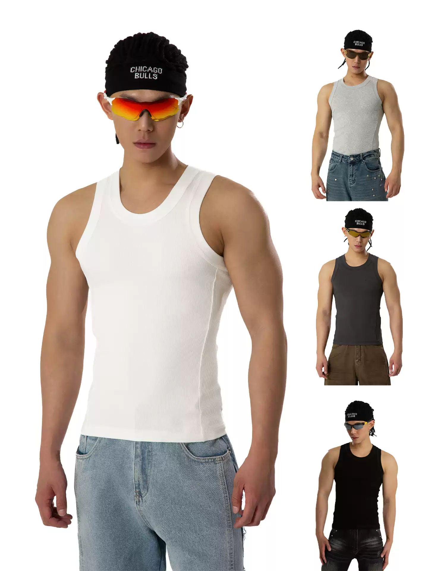 CLP Black White Gray Slim Fit Knit Ribbed Tank Top Men's Stretch Muscle Vest Casual Streetwear