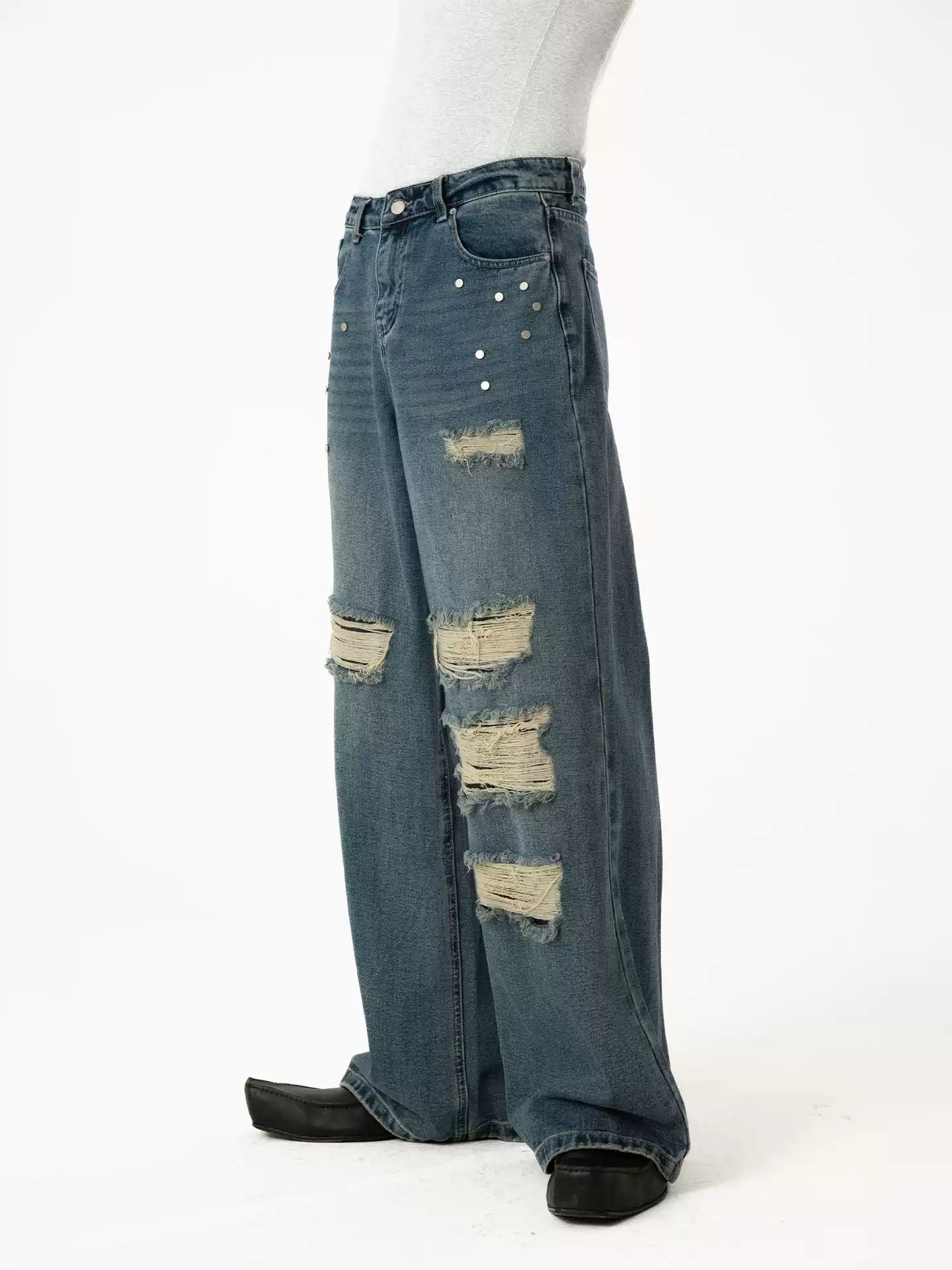 Blue Ripped Rivet Double Layer Jeans Men's Loose Straight Wide Leg Retro Washed Y2K