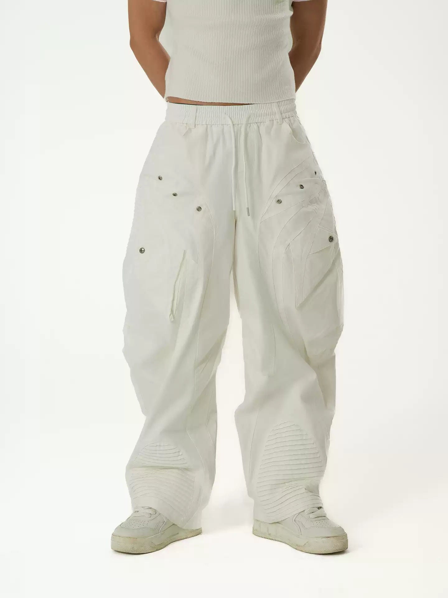 CLP Multi-Pocket Utility Cargo Jeans Men's Loose Wide Leg Straight Vintage Texture Elastic Waist