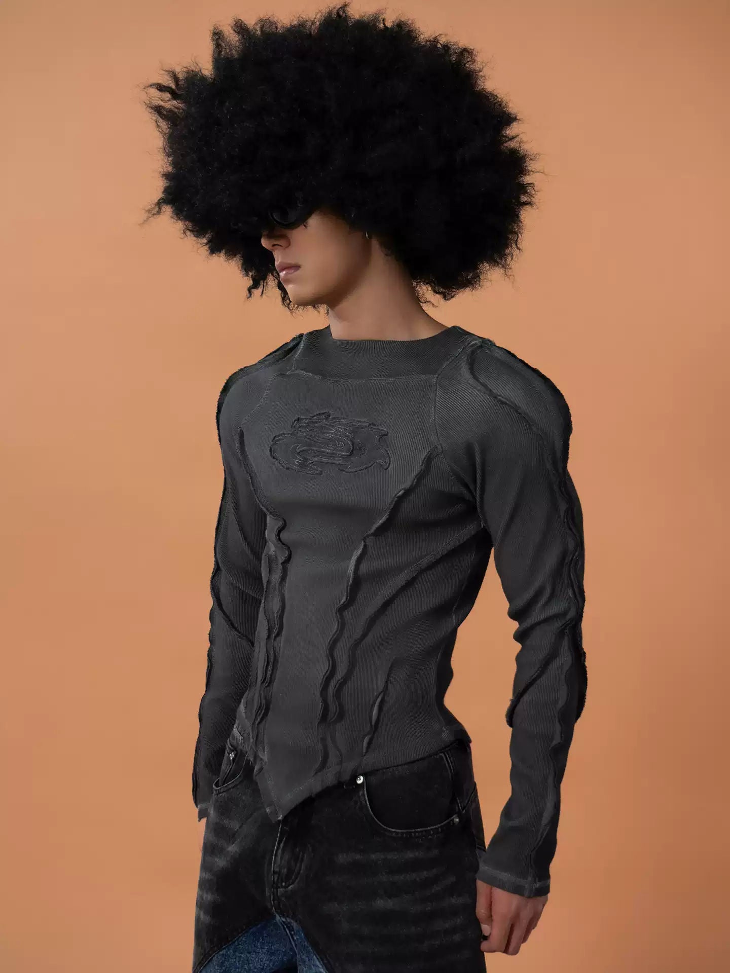 CLP Gray Stripe Washed Waistband Long Sleeve T-Shirt Men's Slim Fit Stretchy Casual Top
