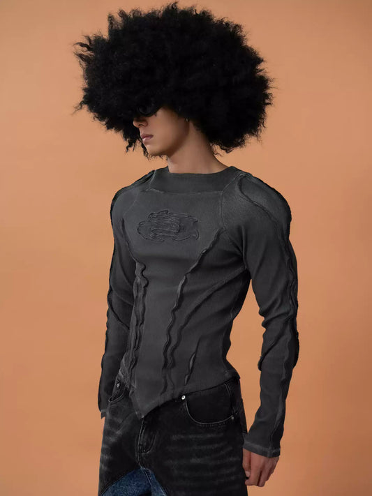 CLP Gray Stripe Washed Waistband Long Sleeve T-Shirt Men's Slim Fit Stretchy Casual Top